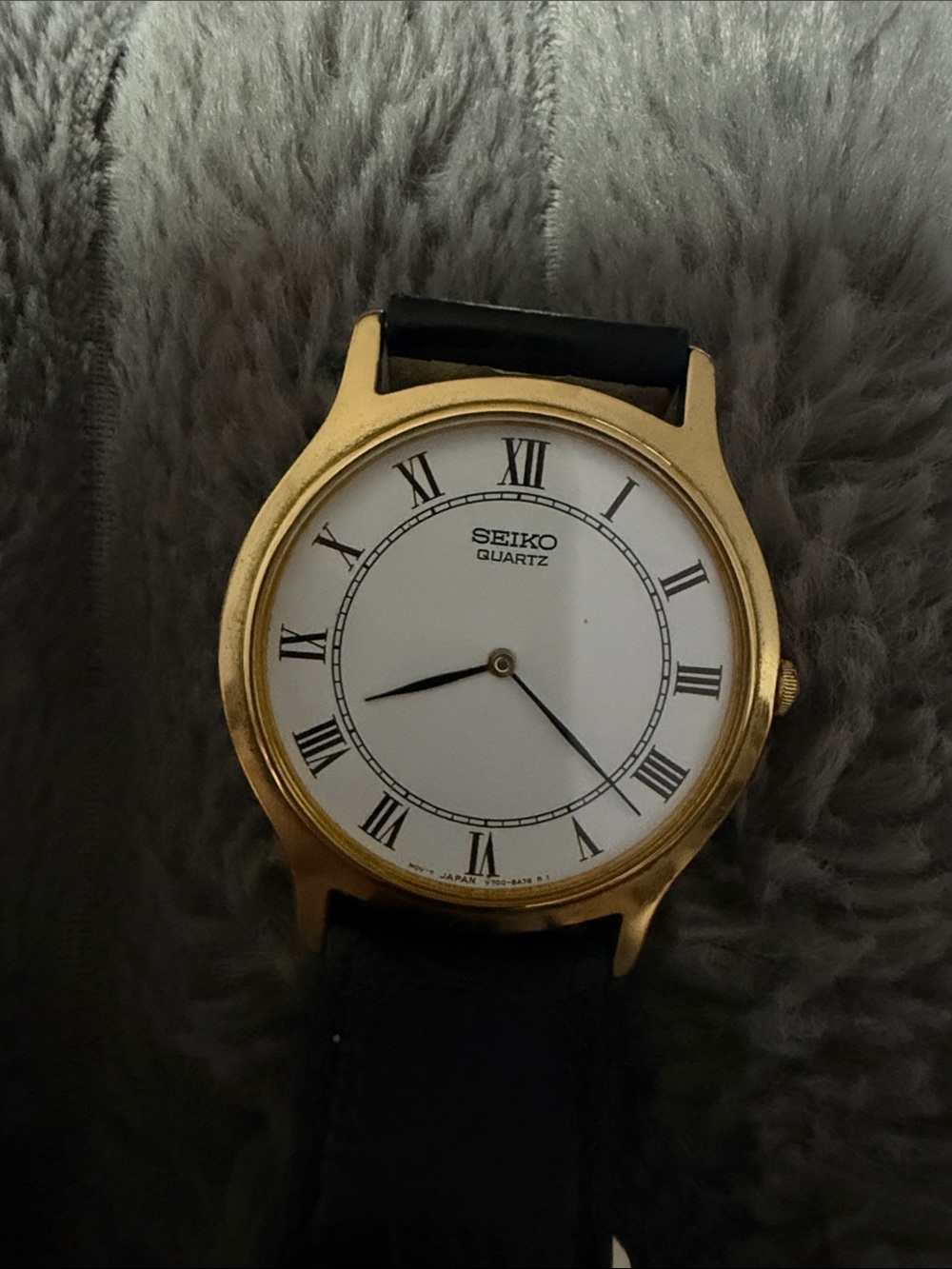 Seiko Gold Tone Case Black Strap White Roman Dial Men's Watch